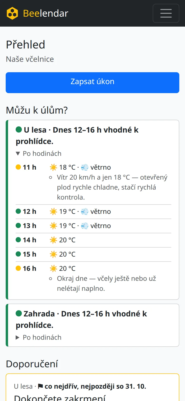 Přehled Beelendaru: „Můžu ke včelám?“ pro každé stanoviště a doporučení na dnešek